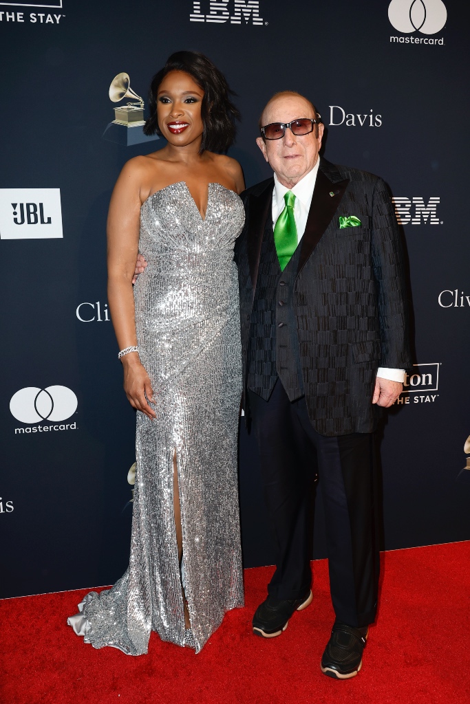 Jennifer Hudson, Clive Davis, silver dress, embellished dress, heels, high heels, Whitney Houston, tribute, performance, Grammys, Pre-Grammy Gala, red carpet, celebrity red carpet