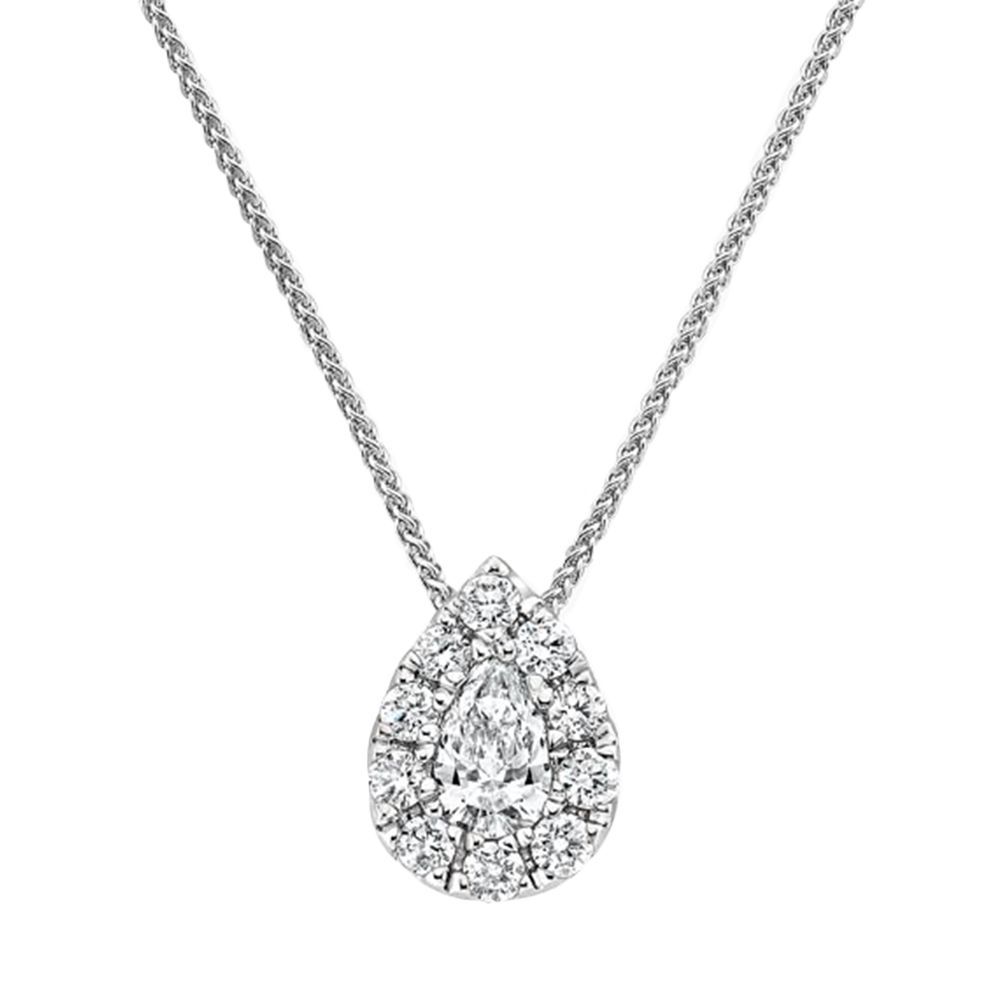 18K White Gold Pear Lab Created Diamond Halo Pendant