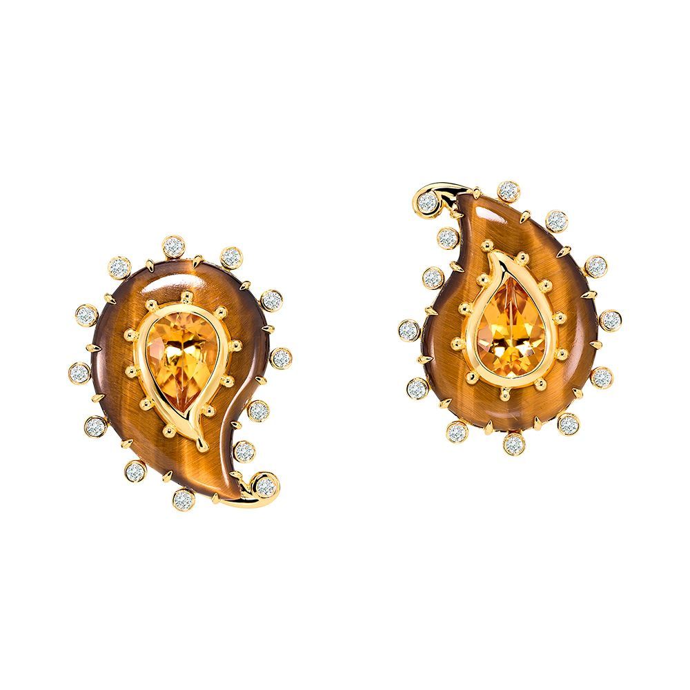 Paisley 18K Yellow Gold Tiger’s Eye, Citrine Earrings