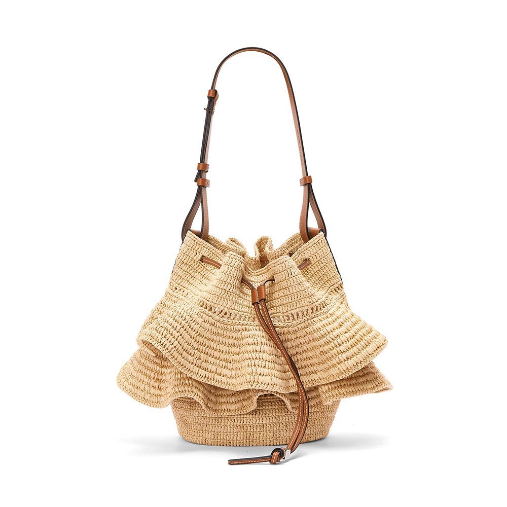 Balloon Ruffles Leather-Trimmed Raffia Shoulder Bag