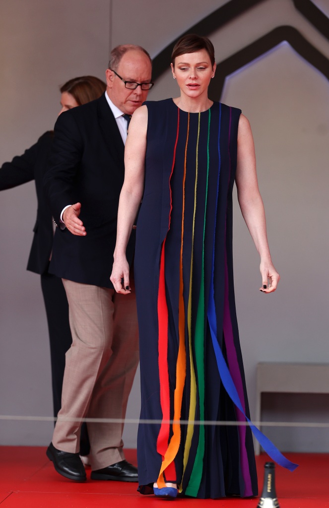 MONTE-CARLO, MONACO - MAY 28: Prince Albert of Monaco and Princess Charlene of Monaco are seen on the podium during the F1 Grand Prix of Monaco at Circuit de Monaco on May 28, 2023 in Monte-Carlo, Monaco. (Photo by Ryan Pierse/Getty Images)