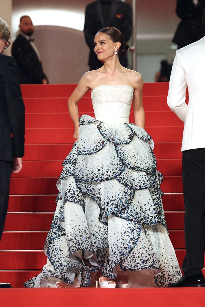 Natalie Portman, Dior, gown, dress, white dress, petal dress, heels, high heels, peep toe heels, satin heels, ivory heels, platforms, platform heels, stilettos, stiletto heels, sequin dress, strapless dress, Cannes, Cannes Film Festival, red carpet, celebrity red carpet, premiere