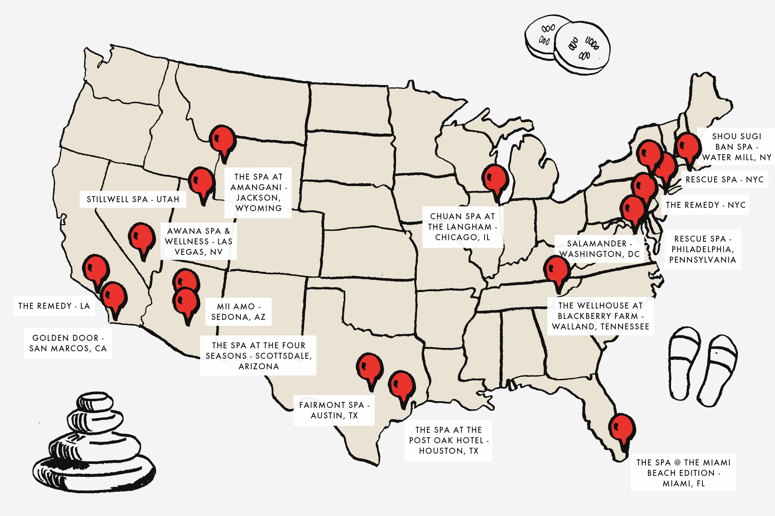 top 15 spas in the us map illustration