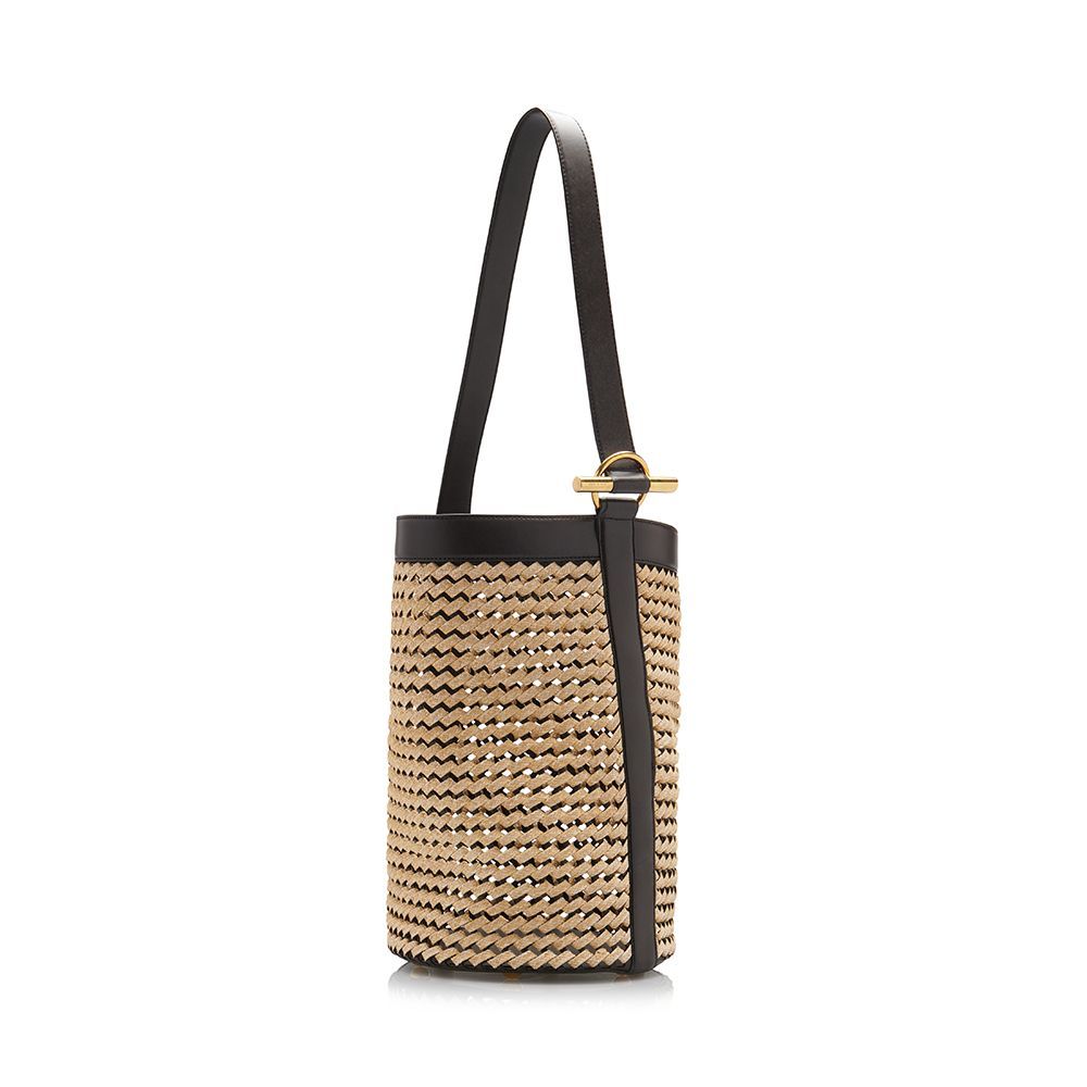 Slanted Raffia and Leather Medium Bucket Bag