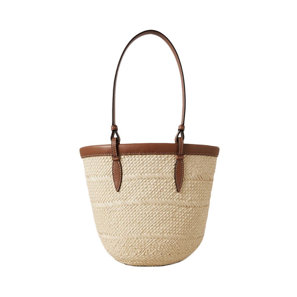 Small Leather-Trimmed Raffia Tote